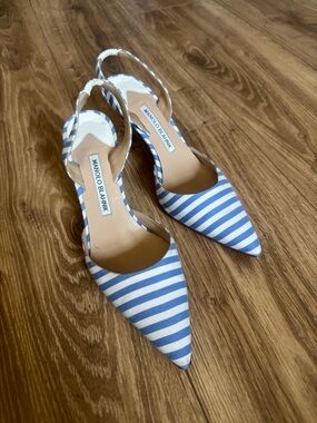 Manolo Blahnik Carolynn Blue/White Stripe Slingback Pumps 37.5